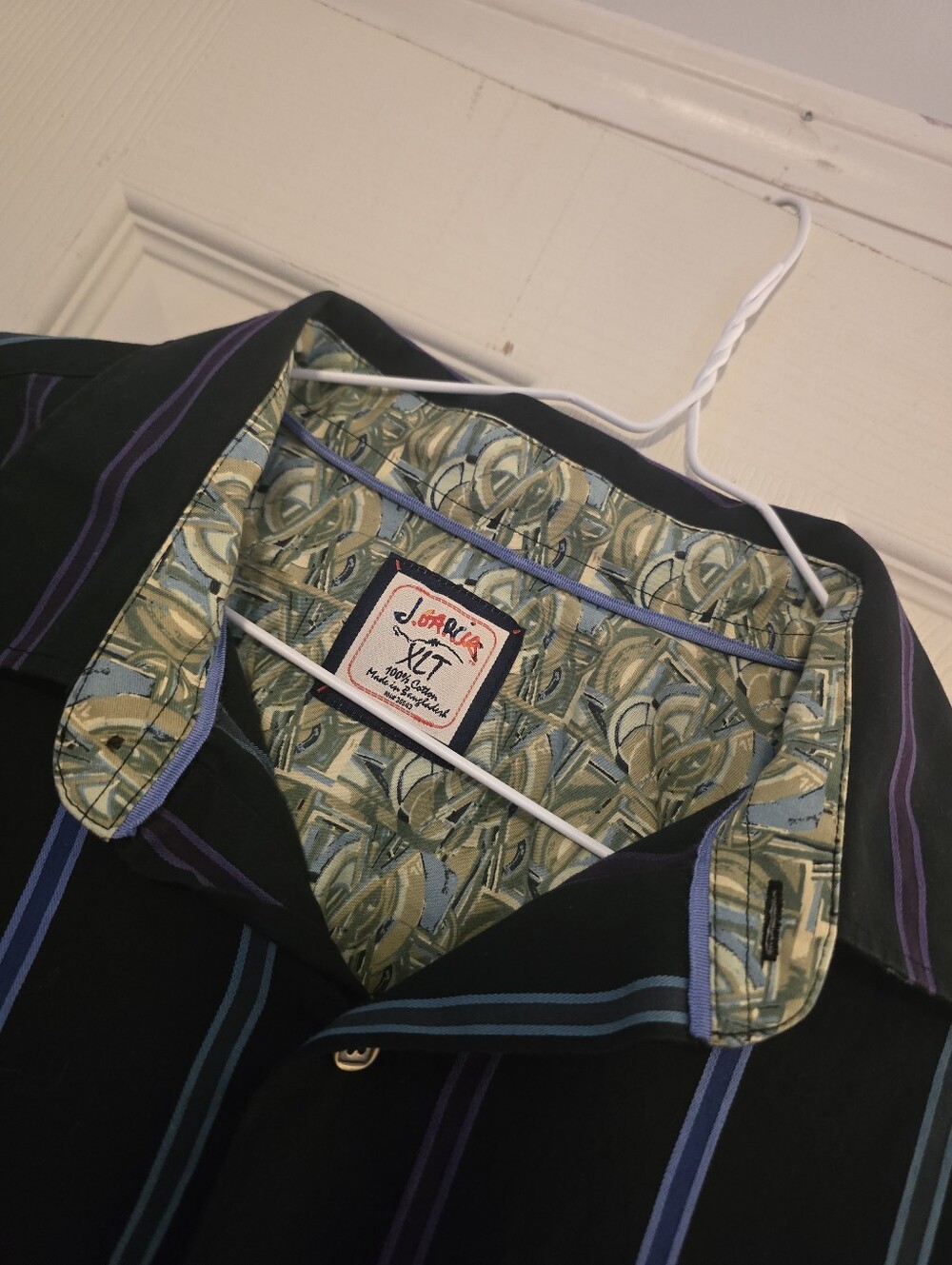 J. Garcia Black Button-Up Shirt with Purple & Blue Stripes